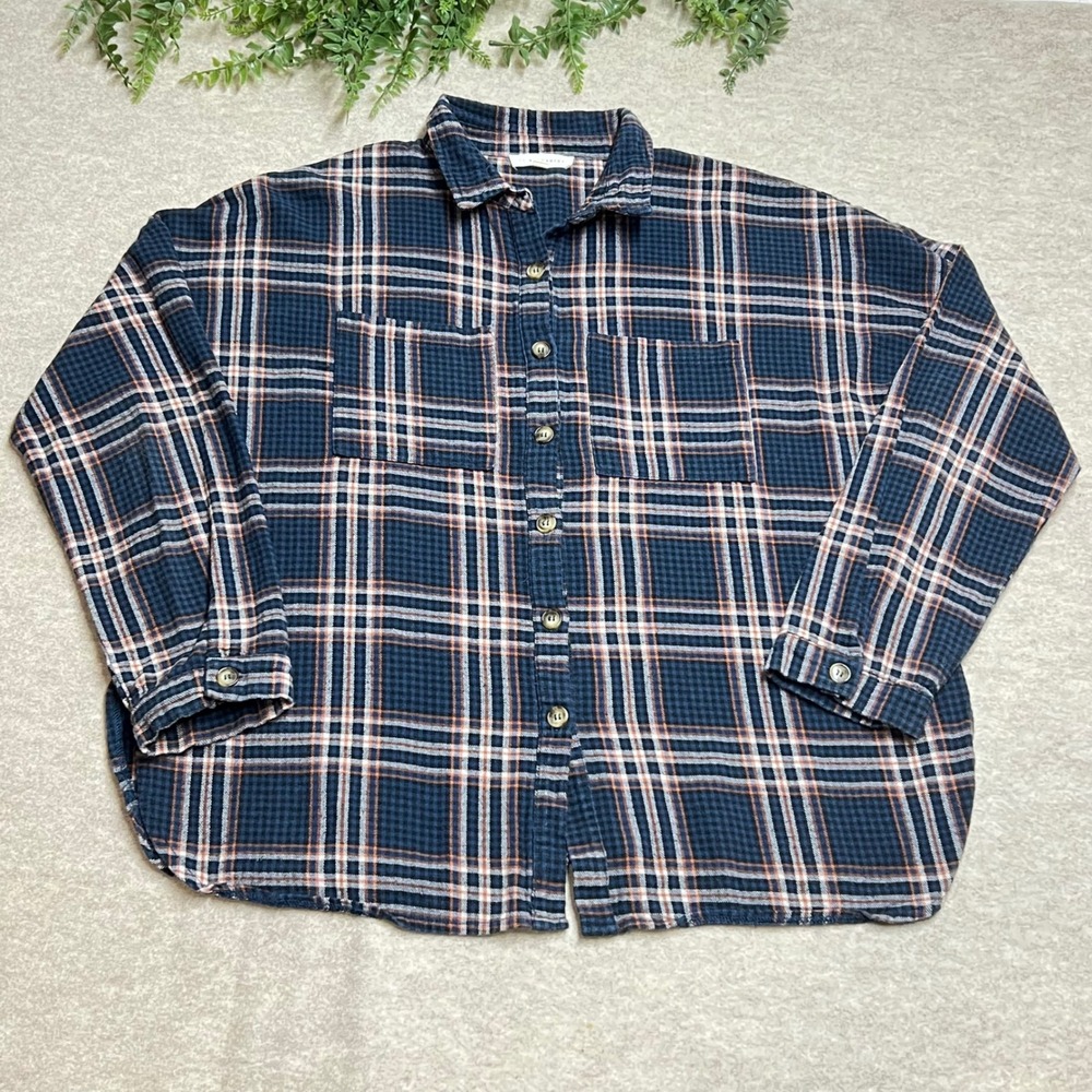 Grunge Blue Orange Plaid Flannel Button Down Shirt Oversized M Camping GUC B1‎